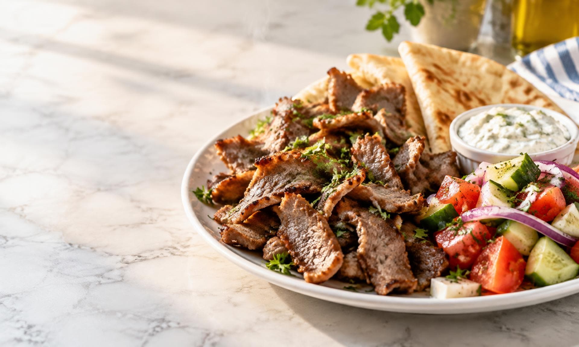 Fresh Mediterranean plate with pita and vegetables